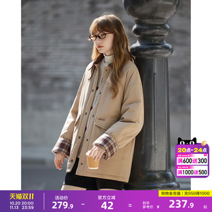 唐狮2026秋冬季短款棉衣女灯芯绒翻领拼接格纹袖口设计感时尚好看