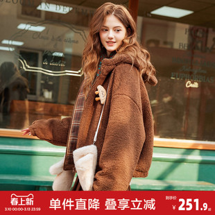 唐狮2026春季新款仿羊羔毛棉衣外套女连帽中长款外套女士连帽棉服