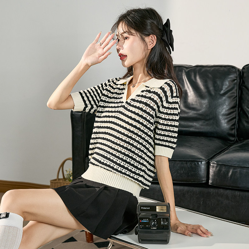 唐狮2024春夏新款女短袖针织T恤洋气甜美上衣宽松慵懒设计学生DY