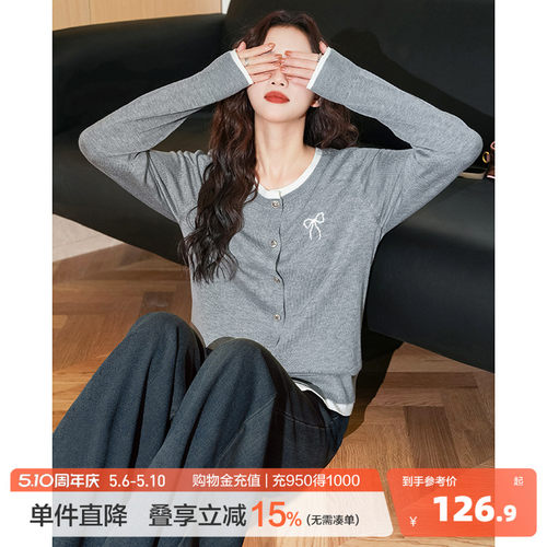唐狮春秋新款女毛衣灰色假两件圆领休闲百搭慵懒风女士毛线衫