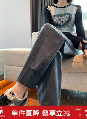 唐狮春季新款女休闲长裤束脚哈伦萝卜裤百搭灰色运动卫裤WP