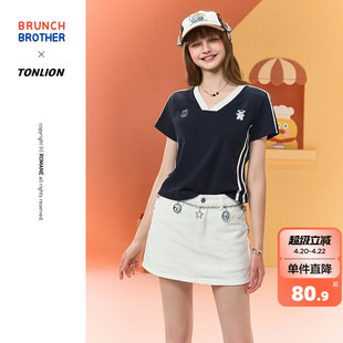 【Brunch Brother联名】唐狮短袖t恤女2026夏季V领时尚宽松运动风
