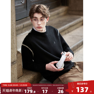 休闲上衣 宽松潮流毛线衫 唐狮2025秋季 毛衣男圆领套头黑色撞色时尚