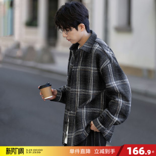 衬衫 休闲厚衬衫 男士 格子复古短款 潮流 翻领时尚 唐狮2026秋冬长袖