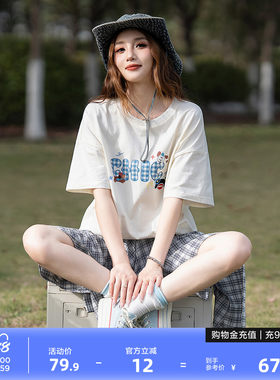 唐狮2026夏季新款圆领格子字母短袖T恤女时尚洋气小个子宽松上衣
