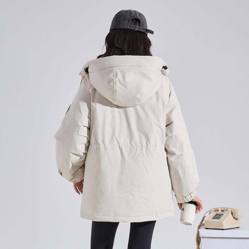 【防水】唐狮撞色连帽羽绒服女2024冬季新款爆款白色工装派克服