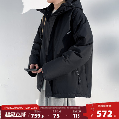 唐狮2025新款男士羽绒服连帽拉链短款黑色简约休闲厚外套宽松夹克