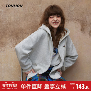 唐狮2026秋季新款外套女韩版花灰色宽松慵懒风连帽拉链开衫卫衣