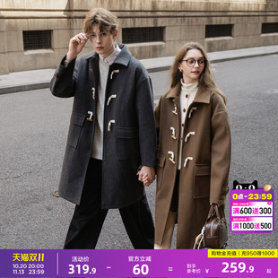 唐狮26秋冬季中长款毛呢外套加厚情侣同码翻领仿牛角扣男女呢大衣