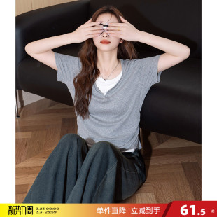 上衣假两件休闲时髦甜辣小衫 唐狮新款 T恤女短款 灰色短袖 夏季