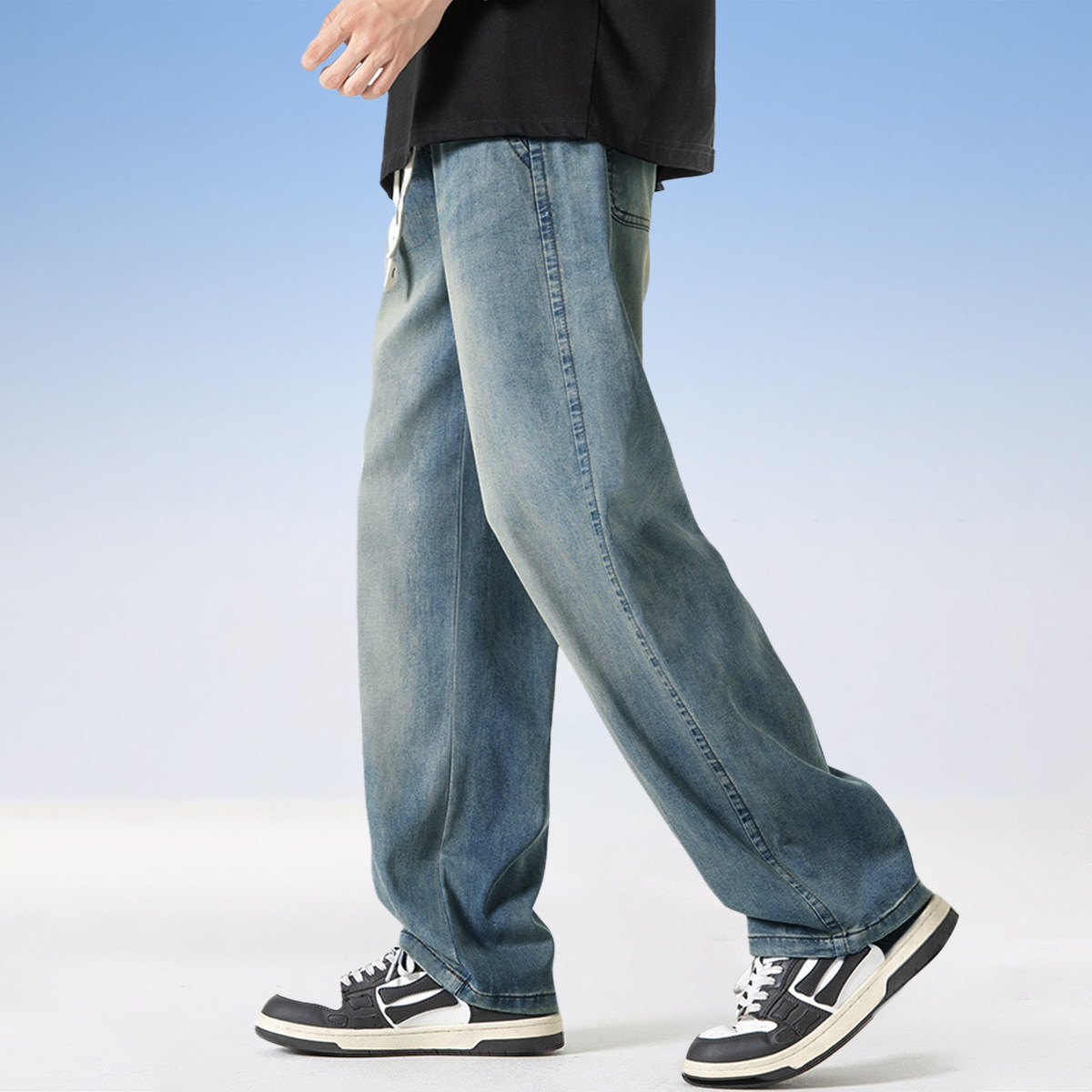 唐狮复古抽绳牛仔裤男款2025秋季新款潮流直筒裤子宽松痞帅阔腿裤