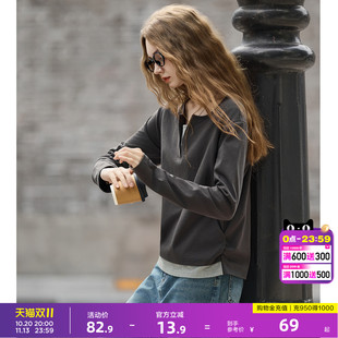 唐狮春秋新款长袖T恤女假两件撞色拼接纯棉休闲百搭气质上衣