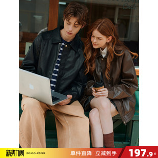 唐狮2026春季 情侣仿皮衣外套男女夹克翻领皮衣酷潮情侣外套上衣