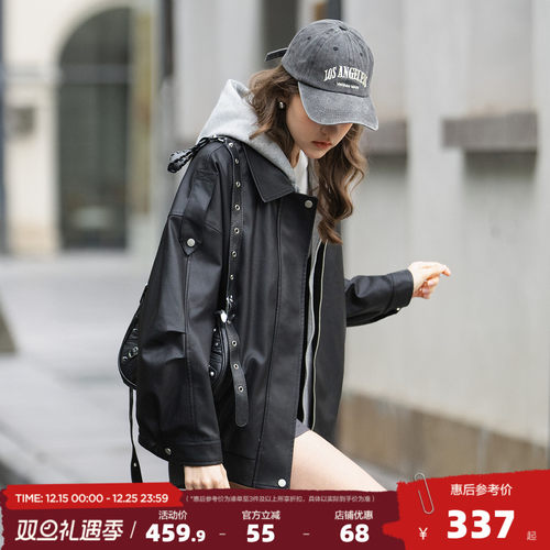 唐狮2025冬季皮衣外套女款假两件连帽皮衣时尚宽松美式复古黑色