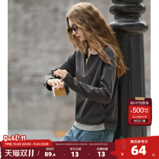 T恤女假两件撞色拼接半开领百搭气质上衣 长袖 唐狮2025年秋季 新款