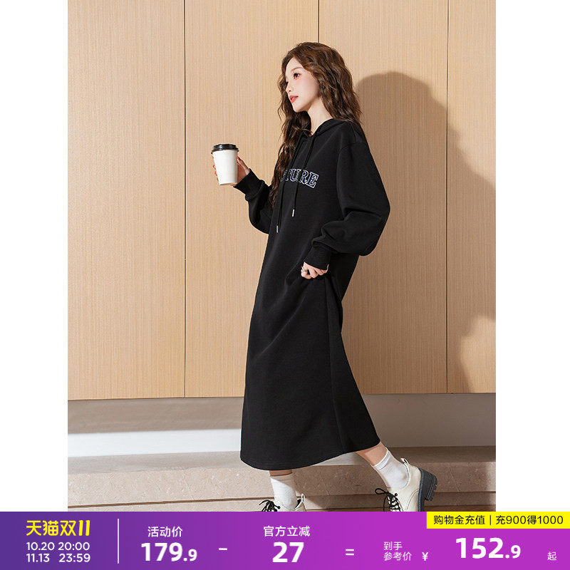 唐狮连帽加绒卫衣裙女长款连衣裙秋冬款宽松长袖针织裙黑色裙子y1