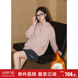 唐狮秋冬新款女小熊印花加绒连帽卫衣宽松型长袖休闲套头上衣