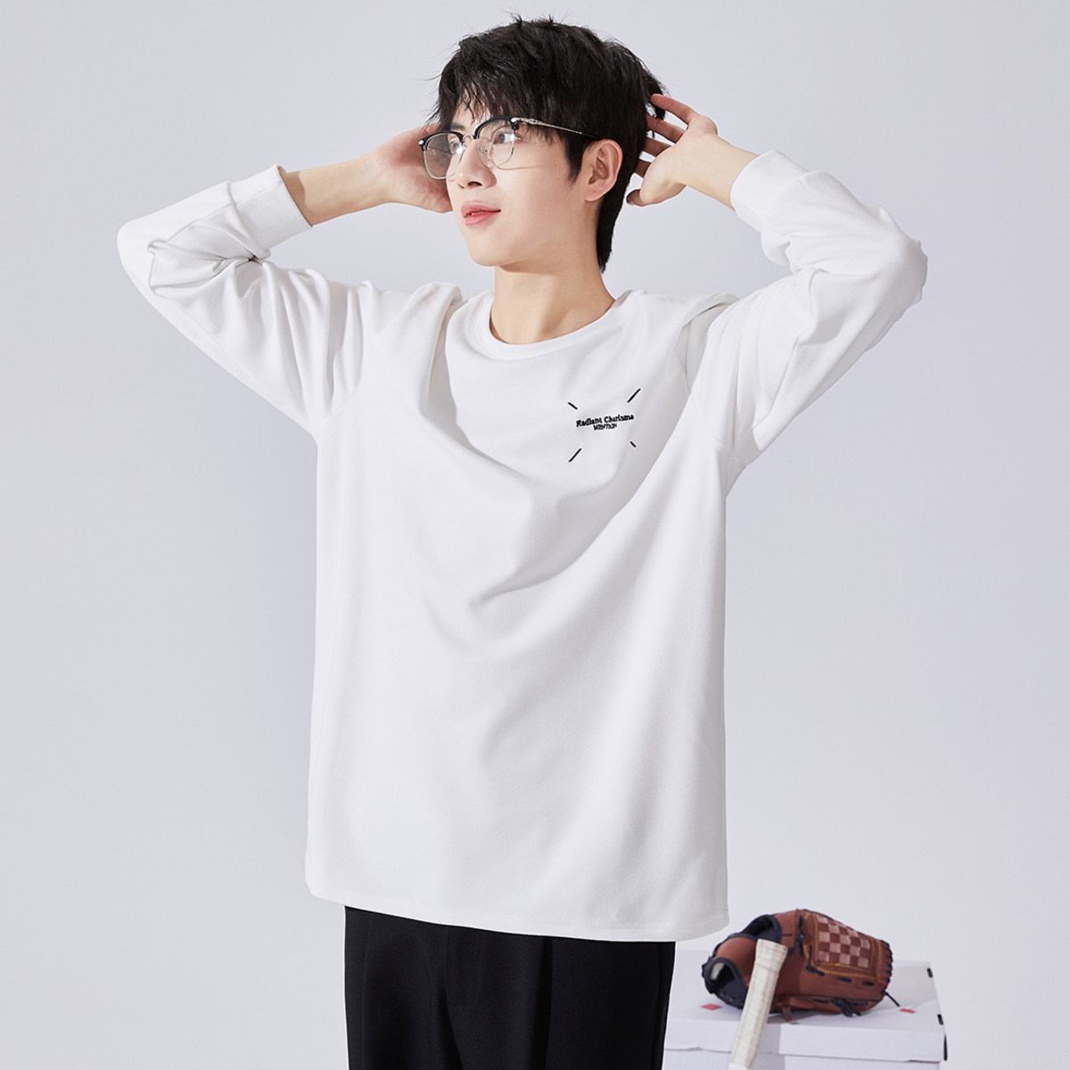 唐狮2024冬季新款长袖t恤男白色仿德绒保暖加厚上衣内搭打底衫潮t