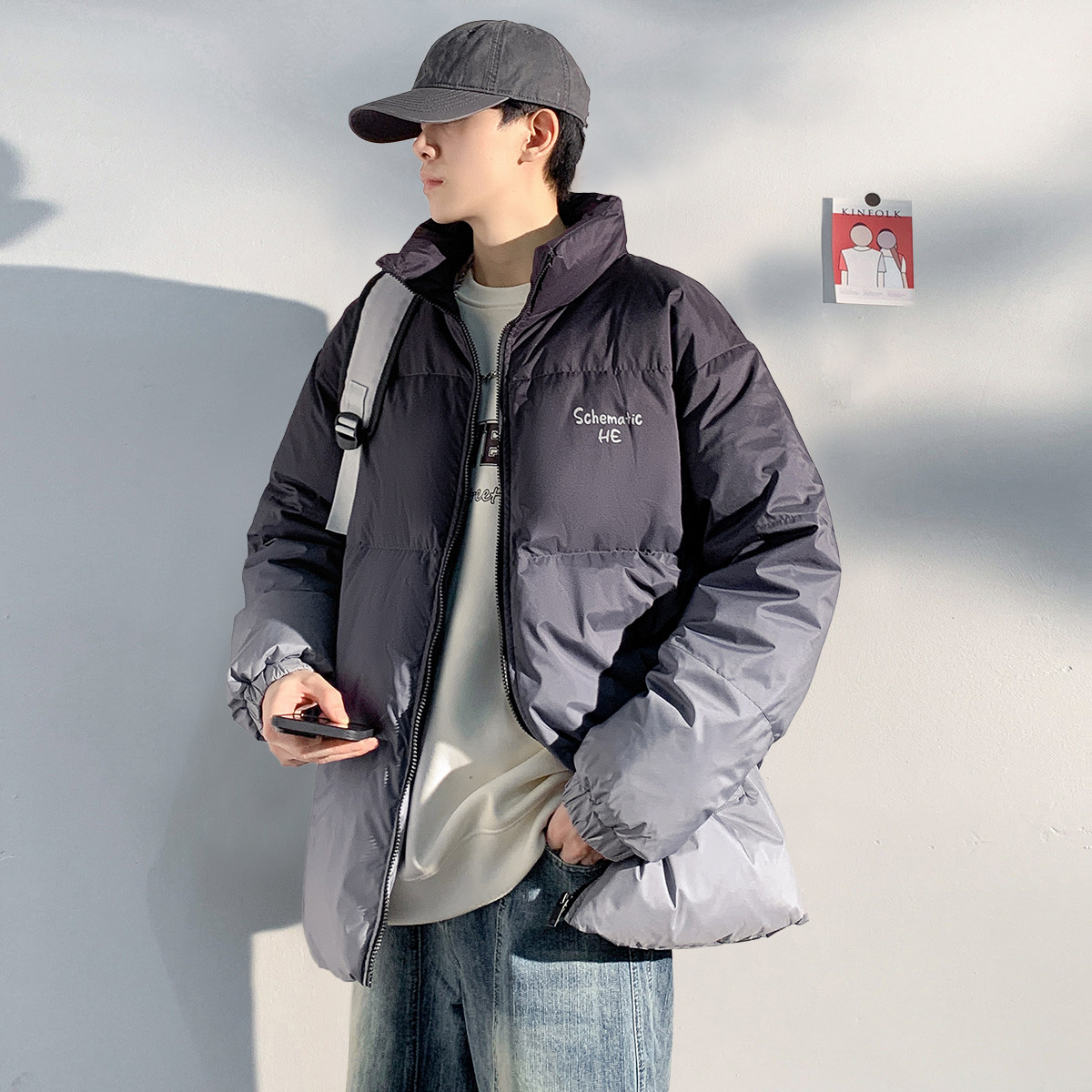 唐狮2026冬季新款男羽绒服立领短款宽松休闲青少年潮流渐变面包服