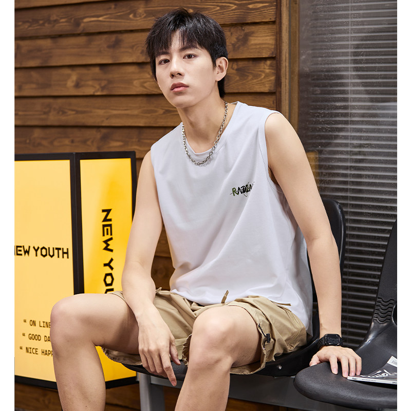 唐狮2024春夏新款男背心坎肩无袖T恤宽松圆领上衣后背印花汗衫潮