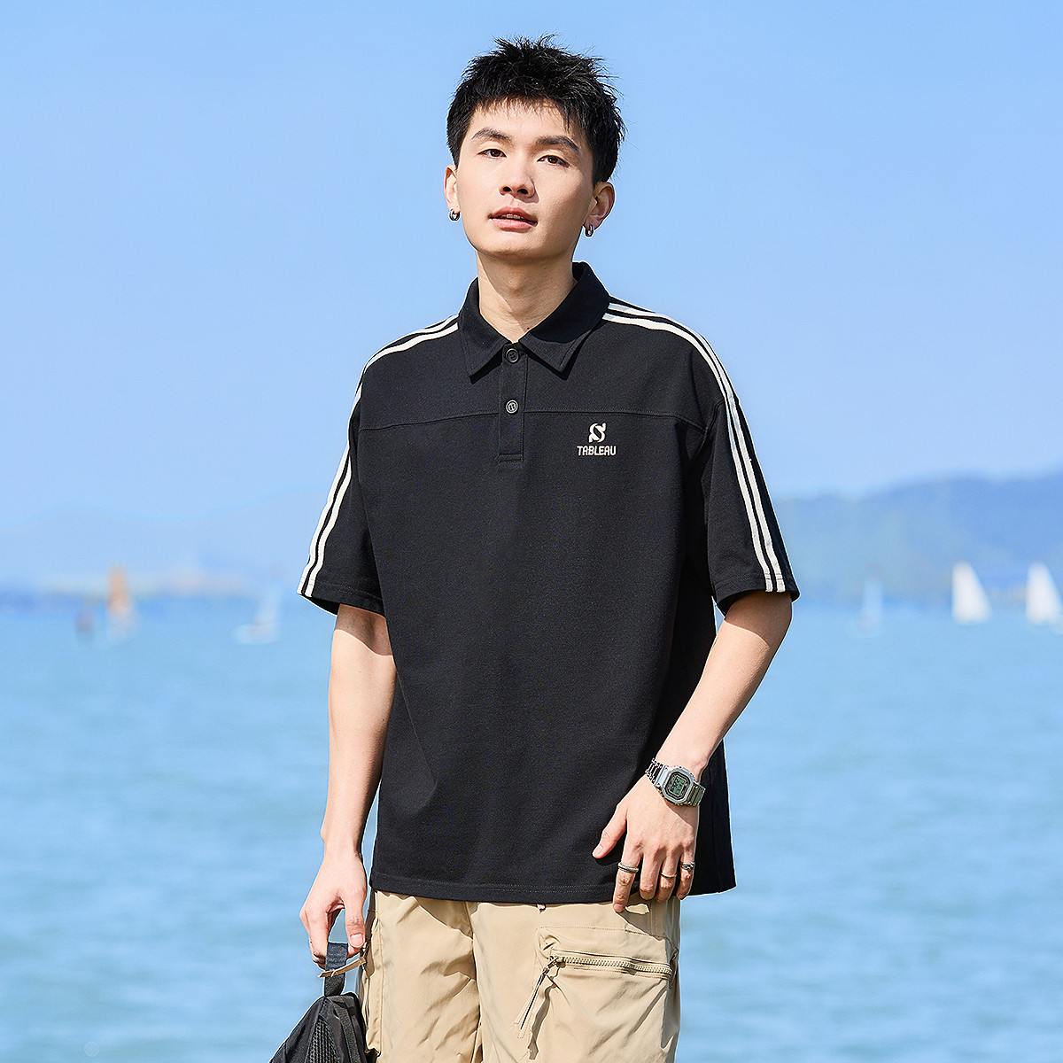 唐狮男士Polo衫2025夏季新款条纹拼接设计感宽松青少年短袖T恤潮