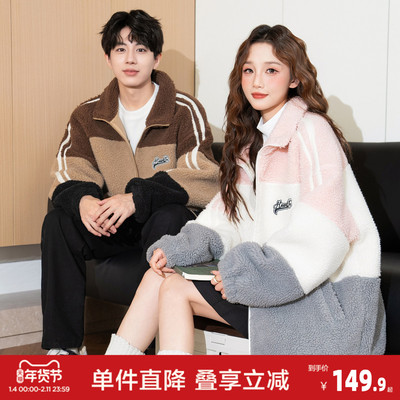 唐狮新款冬季情侣外套男女仿羊羔绒羊羔毛加厚拼接保暖情侣装