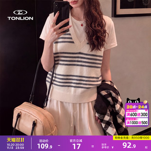 唐狮韩系简约短款女士针织马甲秋季V领条纹肌理软糯宽松无袖背心