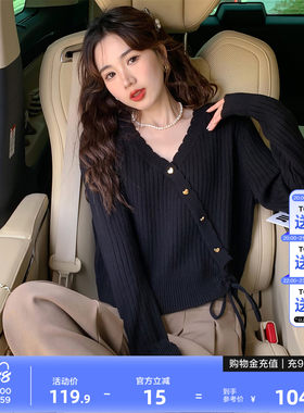 唐狮假门襟抽绳设计感套头V领毛衣女新款春秋黑色针织衫qd