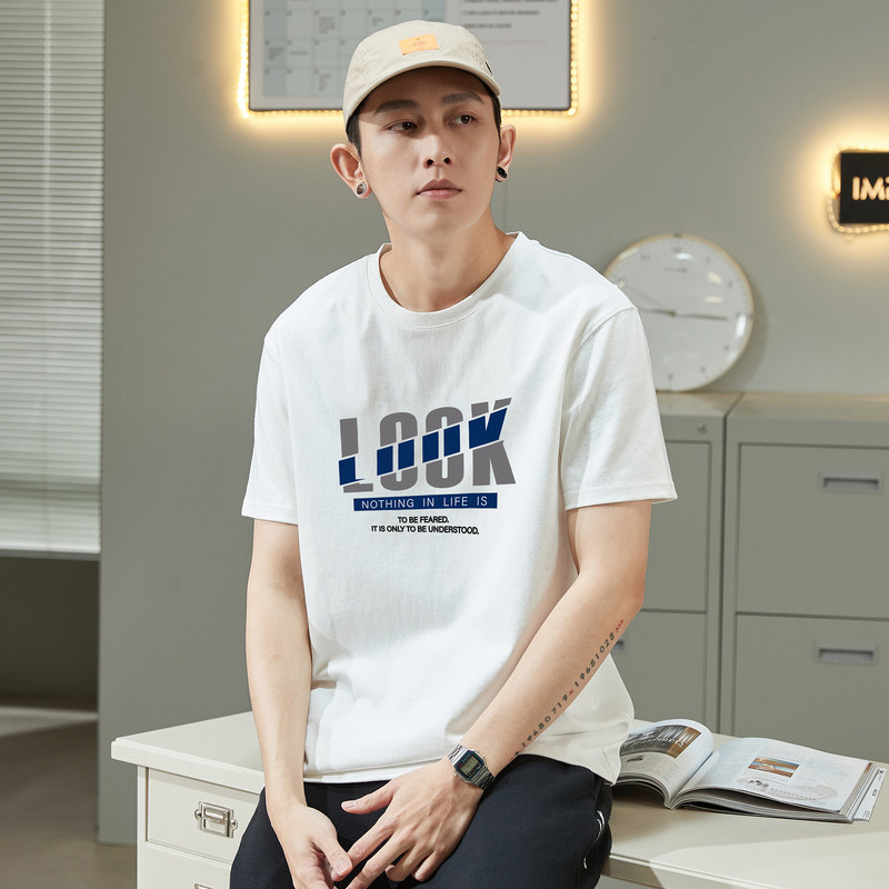 唐狮2024年春夏季新款纯棉短袖t恤男潮印花白色半袖休闲宽松体恤