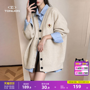 唐狮学院风女士针织开衫秋季中长款V领外套徽章刺绣软糯宽松毛衣