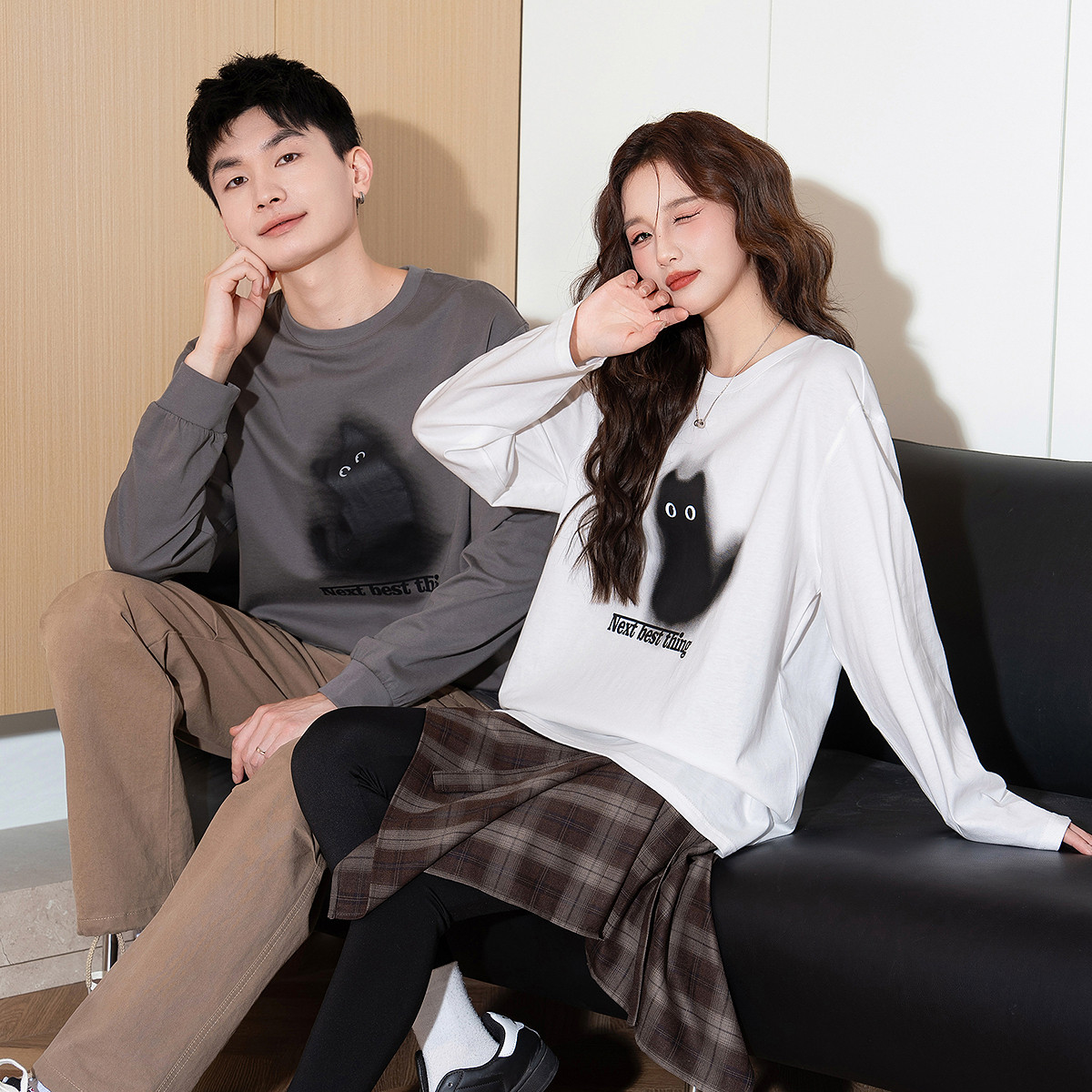 唐狮情侣长袖T恤女2025秋季新款潮流印花宽松青少年男士纯棉上衣