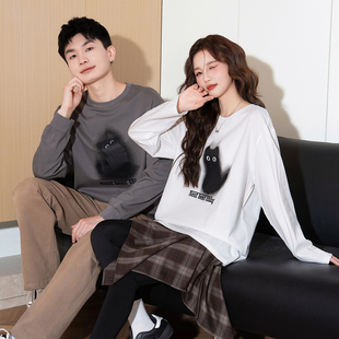 唐狮情侣长袖T恤女2025秋季新款潮流印花宽松青少年男士纯棉上衣
