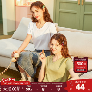 纯棉圆领半袖 白色夏季 上衣纯色正肩T恤 T恤女2025新款 唐狮V领短袖