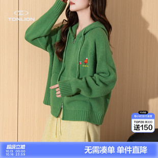 唐狮元气韩系风短款针织开衫女秋季连帽拉链刺绣加厚毛衣外套上衣