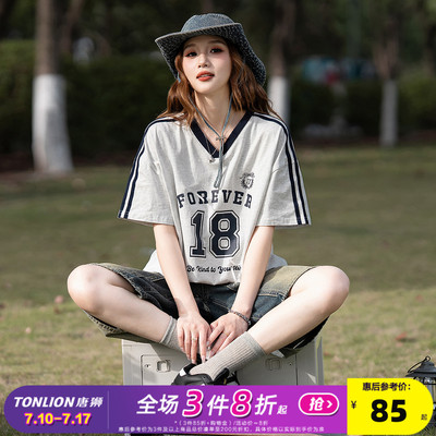 唐狮2025夏季女新款短袖T恤运动风百搭复古美式潮酷学生小个子