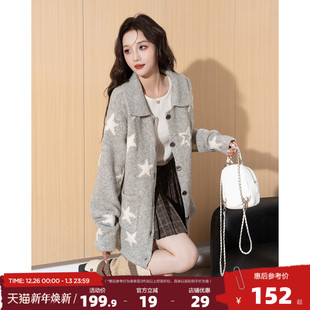 时尚 毛线衫 设计 女毛衣女翻领满地双色提花开衫 唐狮2025秋冬季