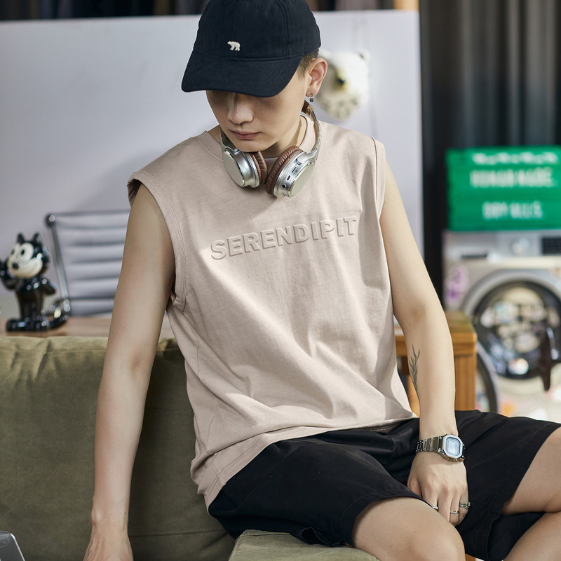 唐狮2024春夏新款男背心圆领无袖坎肩宽松简约纯色上衣运动打底衫