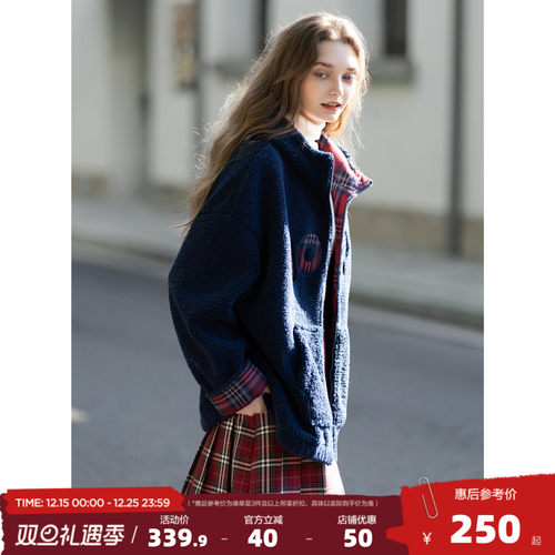 唐狮2025冬季短款外套女连帽拼接格纹仿羊羔毛加厚保暖藏青色外套