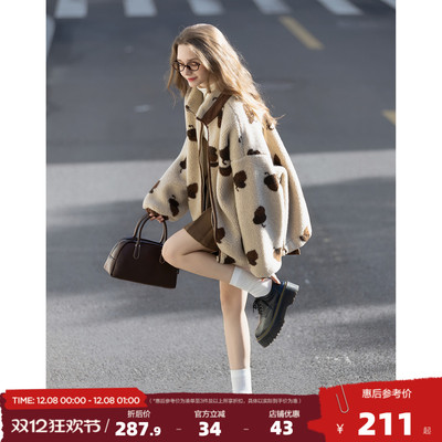 唐狮2025秋冬季短款外套女立领满印仿羔毛加厚保暖外套宽松休闲风