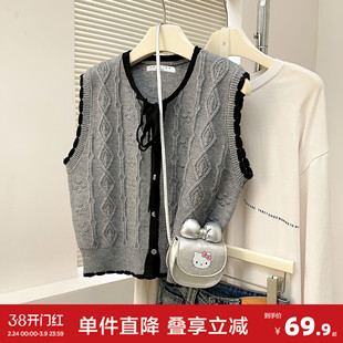 唐狮秋冬季针织衫女毛衣背心灰色撞色边设计领口系带开衫马甲yd