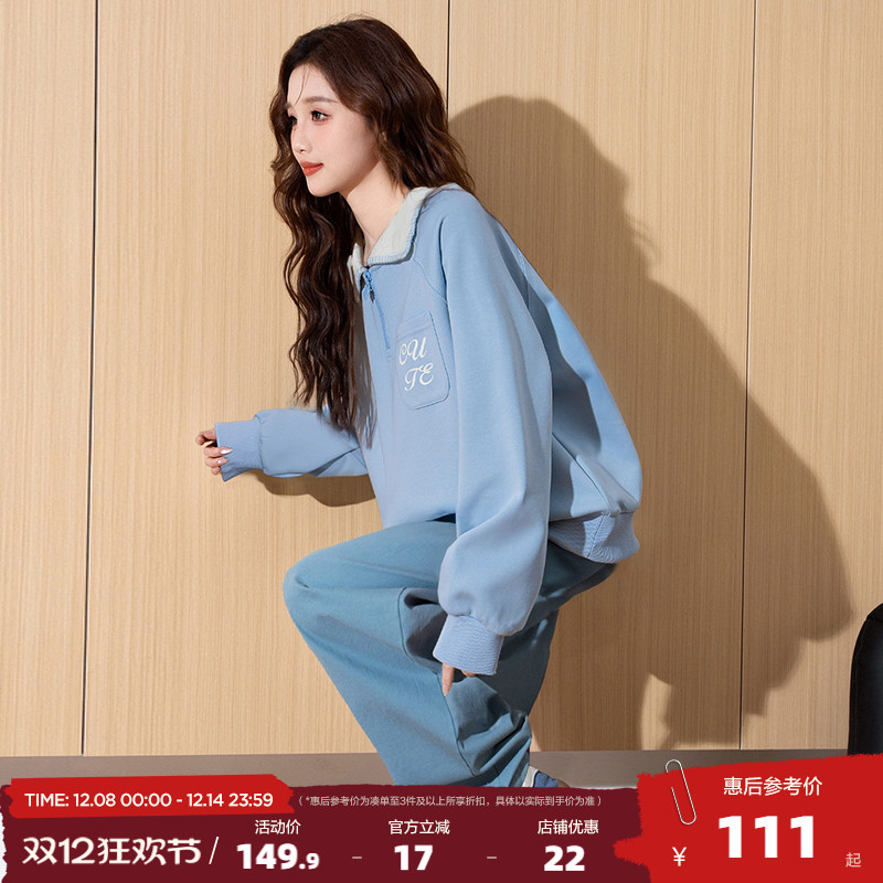 唐狮2025春季新款女polo短款撞色宽松显瘦长袖上衣蓝色爆款设计感