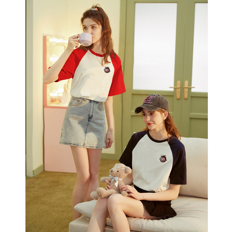 唐狮新年龙年短袖T恤女2024新款春夏季圆领插肩袖复古红色上衣sz