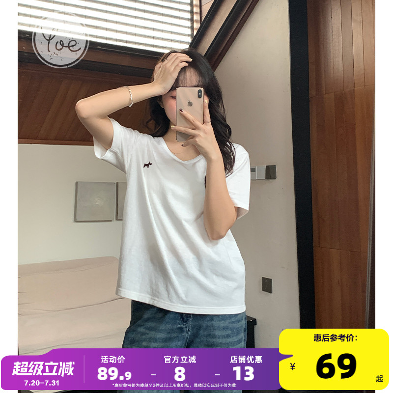 yoe微透竹节棉U领短袖t恤女上衣夏季新款宽松白色薄款女款上衣正