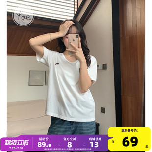 女款 yoe微透竹节棉U领短袖 宽松白色薄款 t恤女上衣夏季 上衣正 新款