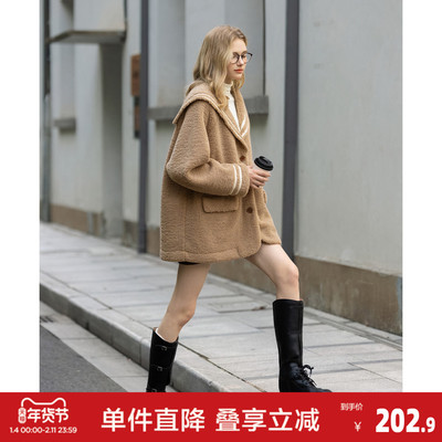 唐狮2026秋冬新款女厚外套毛茸茸学院风女海军领中长款仿羔毛外套