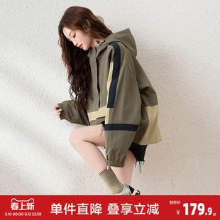 唐狮早春新款外套女连帽工装港风上衣chic撞色冲锋少年休闲k