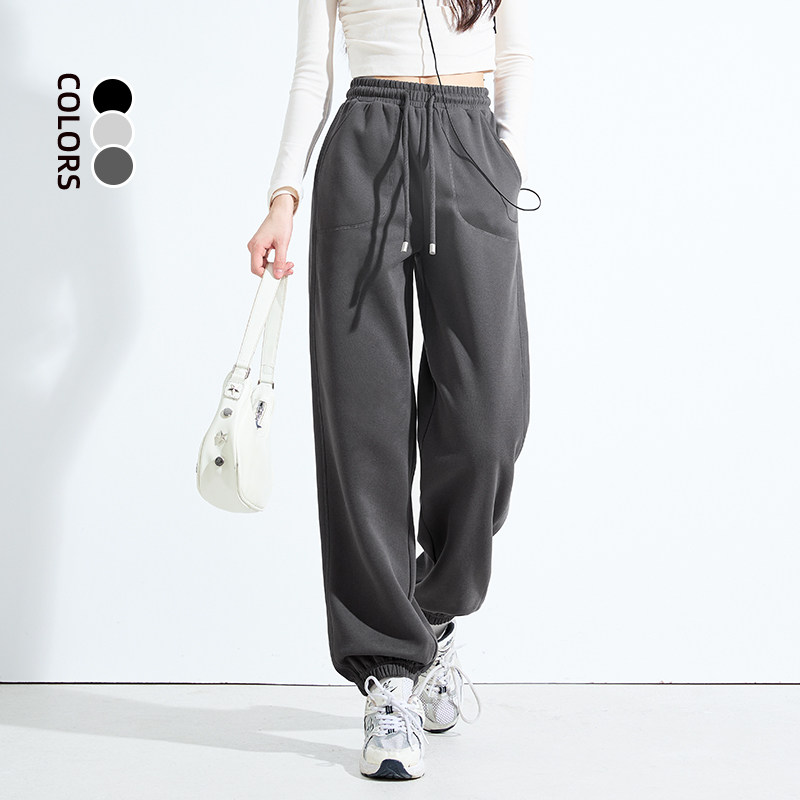 唐狮2025春秋季新款运动裤女三针五线宽松休闲长裤束脚灰色卫裤