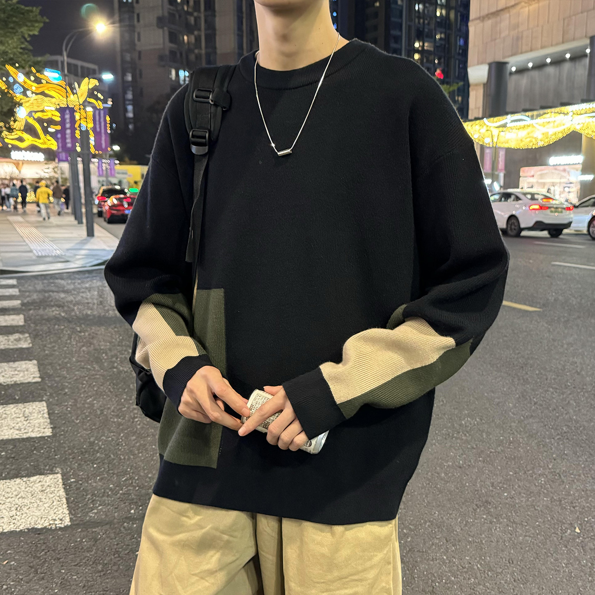 唐狮2025秋冬新款毛衣男士商务休闲色块撞色拼接圆领针织上衣宽松