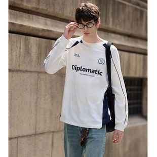 唐狮男装长袖T恤2026春季新款韩版撞色拼接宽松青少年插肩袖上衣