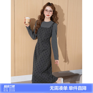 唐狮2026秋冬季女连衣裙假两件长裙灰色气质温柔风波点小个子穿搭